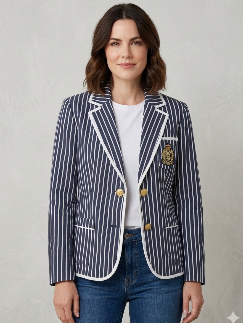 Boston Proper Navy striped two Gold buttons 3 pockets Women's Blazer Size 10